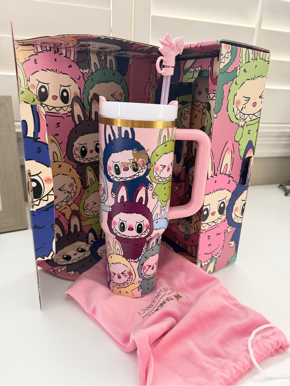 Cute Character Pink Travel Tumbler with Handle and Straw